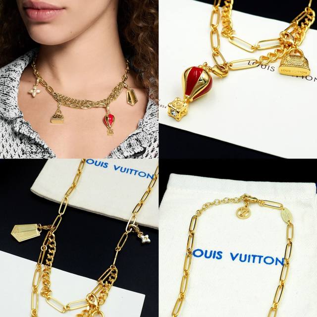 驴家Lv Charms颈链以莹亮金属打造粗犷链条，再令Alma手袋和缤纷热气球元素化作可拆卸装饰，大胆探索冒险精神。可随心搭配其他坠饰