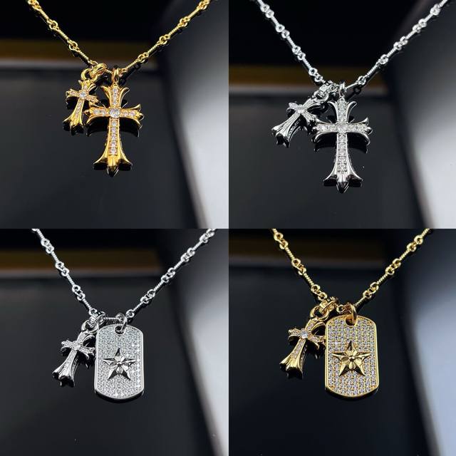 克罗伈双十字架项链双吊坠满钻星牌十字架经典款锁骨链男女同款