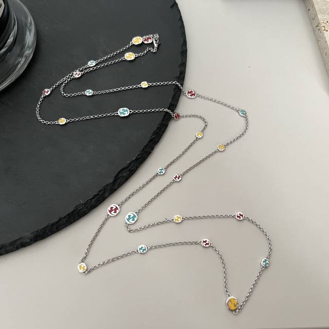 上新款 Gucci古驰925纯银互扣式双G彩色珐琅项链 尺寸：90Cm