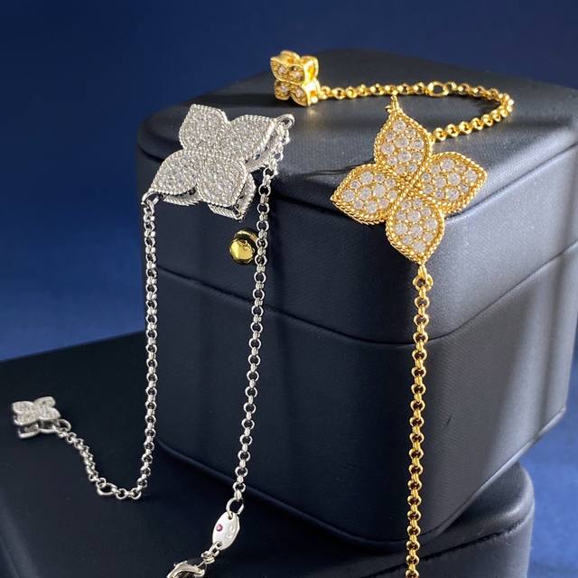 满钻手链Rc80 Roberto Coin珂瑛高级感时尚轻奢满钻菱形花几何花朵吊坠耳钉手链短项链长款项链毛衣链套装 黄铜材料电镀18K金 金色银色2色 手链约长