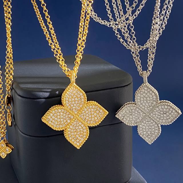 满钻毛衣链Rc80 Roberto Coin珂瑛高级感时尚轻奢满钻菱形花几何花朵吊坠耳钉手链短项链长款项链毛衣链套装 黄铜材料电镀18K金 金色银色2色 手链约