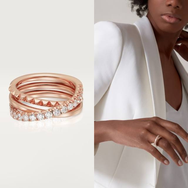 Cartier 卡地亚戒指Etincelle De系列 三环交叉间钻戒指 铜电镀18K金 微镶高碳钻Size678 半钻戒指