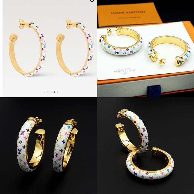 驴家L Multicolor 耳环出自路易威登与日本艺术家村上隆标志性的合作系列，为耀目金属圈环铺陈村上隆以彩色织物焕新演绎的Monogram图案，成就艺术爱好