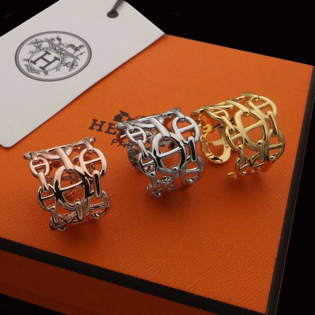 H猪鼻子戒指宽面戒指 白金 玫瑰金 黄金三色超 Nice开口可调节戒指三色