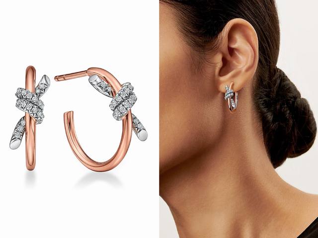 Tifknot蒂芙尼耳钉Tiffany打结耳钉间钻圈形耳环每个角度看都很亮起了三次版欢迎来比较 Tiffany Knot上市后深得好评，系列作品风格优雅，亦能表