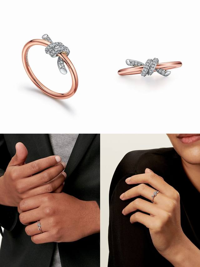 Tiff缘系列 蒂芙尼戒指间色半钻打结戒指 镶嵌高碳钻 以时尚别致缠绕绳结象征两人之前的特有连结 分色电镀 Size6789码