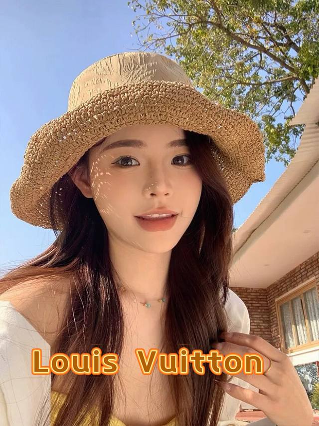 路易威登棒球帽 Louisvuitton镂空草编渔夫帽女2025年春新款大帽檐遮阳帽子显脸小海边度假盆帽