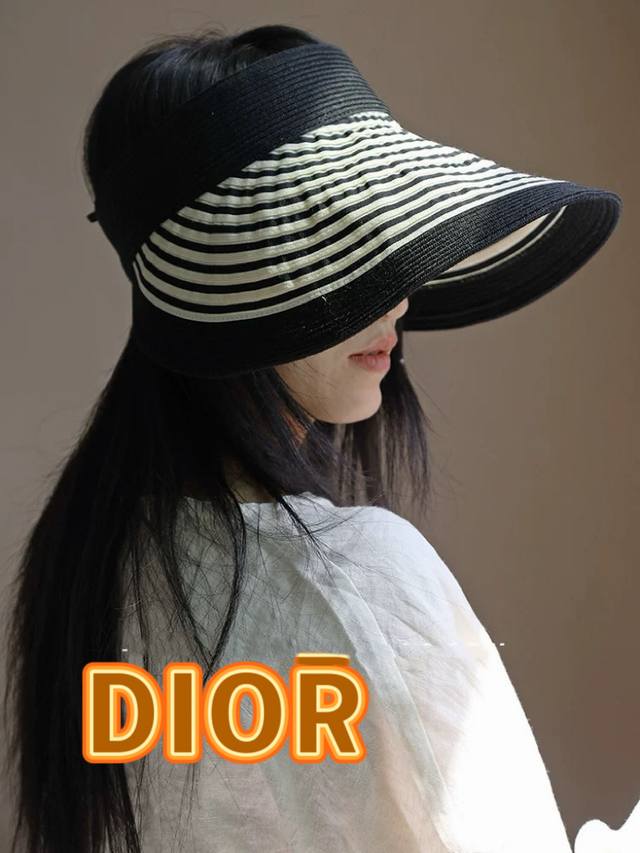Dior迪奥长帽檐条纹透气草编空顶帽 可折叠帽子