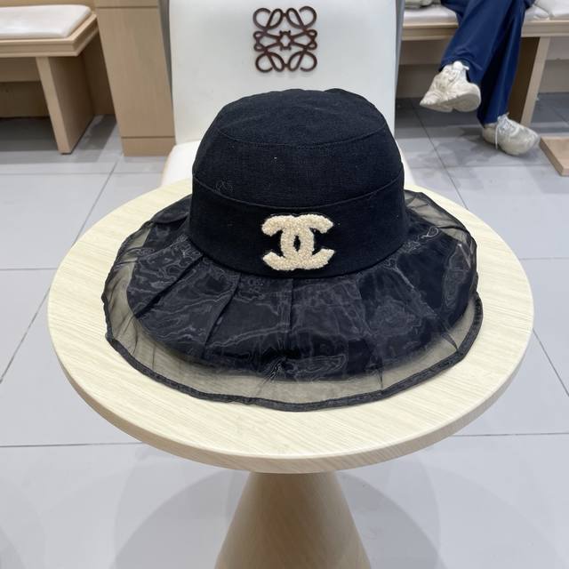 Chanel香奈儿柔纱双层帽檐渔夫帽女夏唯美韩版遮阳帽透气仿和纸女帽子洋气盆帽