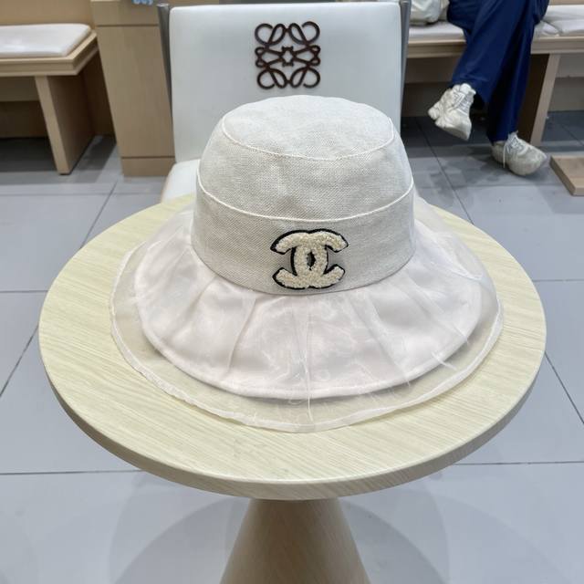 Chanel香奈儿柔纱双层帽檐渔夫帽女夏唯美韩版遮阳帽透气仿和纸女帽子洋气盆帽