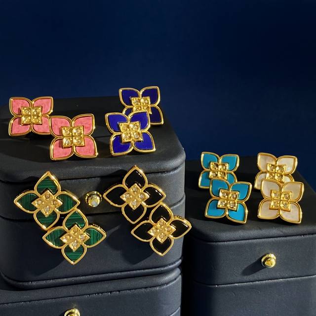 Roberto Coin珂瑛 贝壳玛瑙镶钻四瓣花 四叶花耳钉 黄铜材料电镀18K黄金白金玫瑰金 Roberto Coin意大利珠宝商 罗伯特.科恩 公主花系列