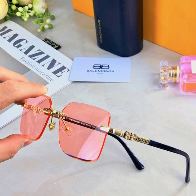 Balenciag*2025潮流新款无框切边太阳镜高级感防晒穿搭墨镜防紫外线款遮阳镜