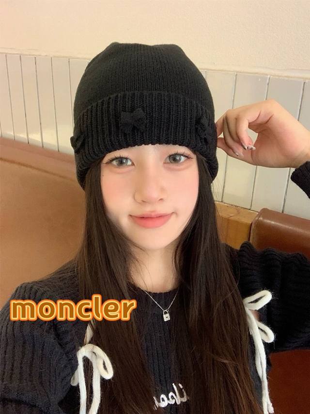 Moncler 新款大头围红色毛线帽小众可爱蝴蝶结甜美冷帽秋冬保暖针织帽