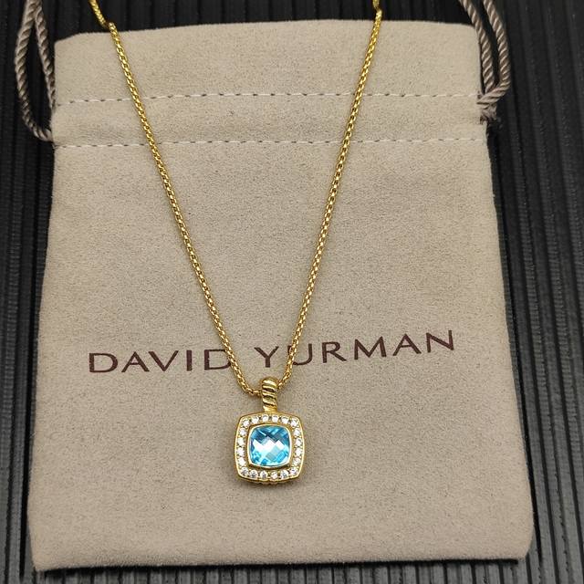David Yurman蓝钻金色四方钻项链。 链条粗1.5Mm，长度45+5Cm延迟链