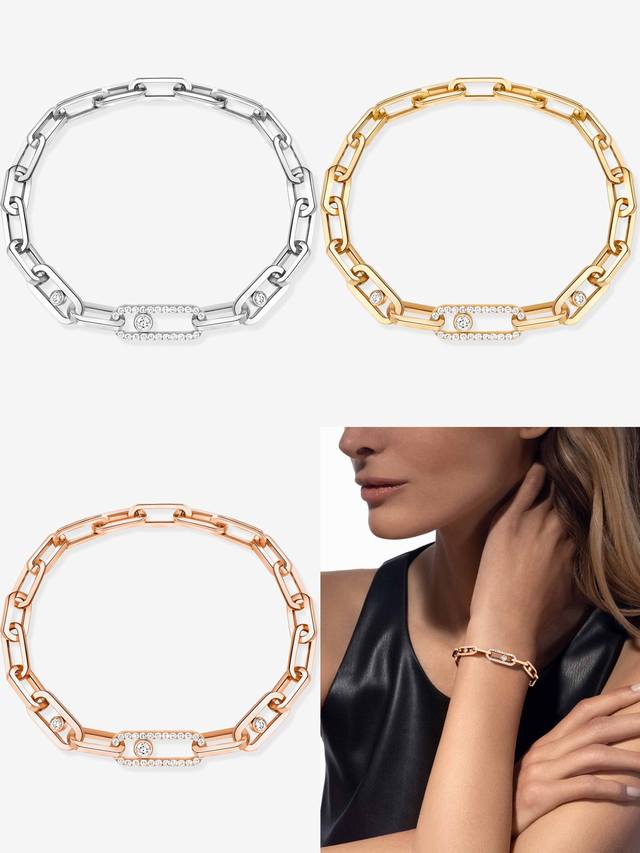 Messika 梅西卡手链单钻 中性钻石手链滑动手链 纯手工一节一节焊接而成 亚金材质电镀18K金超赞工艺 百搭 夏日简约风 白金 玫瑰金 黄金手链