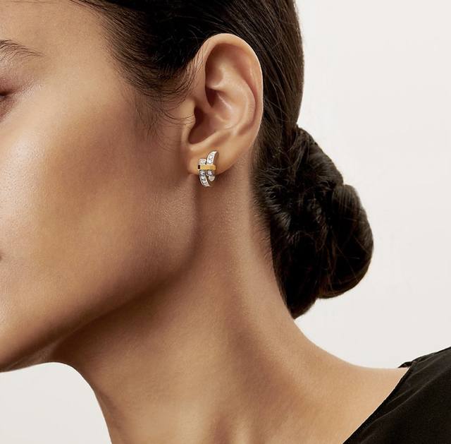 V金材质 分色电镀 蒂芙尼圆形分色耳钉，璀璨闪亮Tiffany Edge 系列以当代风格全新演绎钻石珠宝，经典的将多排圆形明亮式切割钻石相连。Tiffany E