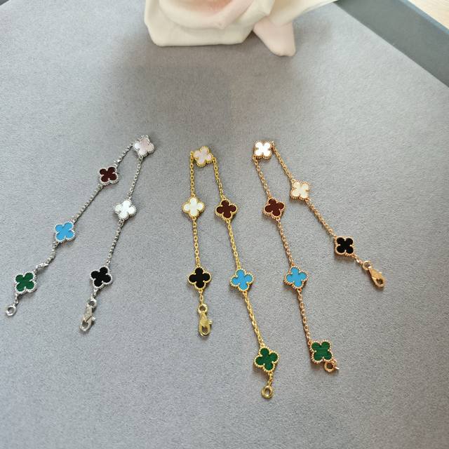 V金材质梵克雅宝Vca迷你六花拼色四叶草手链