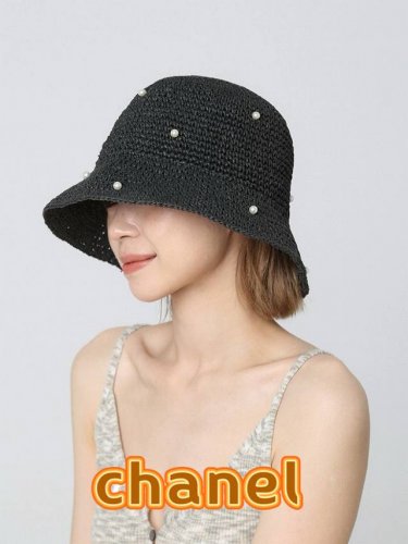 Chanel香奈儿复古小沿小珍珠点缀经典度假女式法式街拍优雅圆顶帽细编草帽盆帽