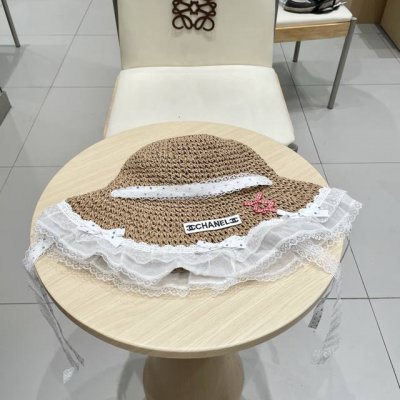 Chanel香奈儿甜美可爱蕾丝花边草帽女夏季大帽檐镂空防晒帽度假海边沙滩太阳帽