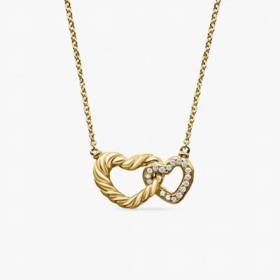 david Yurman 金色双心镶钻项链 链条粗1.5Mm 长度42+3+3Cm延迟链 编号Dyxl-170