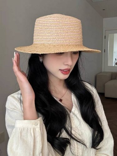 迪奥Dior拉菲草平沿草帽女款夏季法式平顶礼帽条纹宽 檐海边度假遮阳防晒帽
