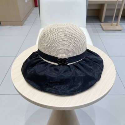 Chanel香奈儿专柜同款布草拼接渔夫帽子女夏季草帽褶皱仙女风蝴蝶结盆帽潮