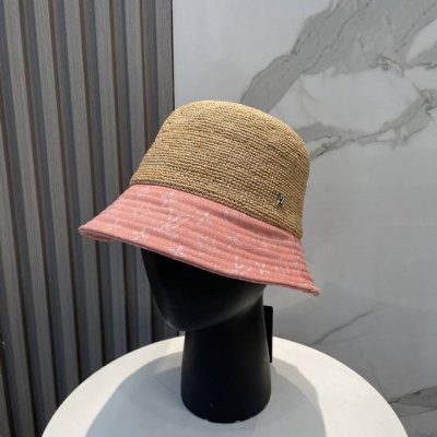 lv路易威登进口拉菲草拼色 盆帽简约不失庄重 低调奢华 极具造型感 ！ 渔夫帽款式设计 ，真心好看也百搭