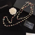 Chanel 小香 新款 香奈儿希腊款麦穗双C蓝色花朵镶珍珠项链毛衣链 精选正品一致黄铜材质 甜美小清新风格