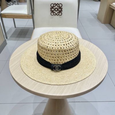 Chanel香奈儿2025新款镂空平顶草帽女夏草编遮阳防晒帽海边度假百搭大檐太阳帽