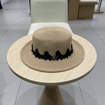 路易威登Louisvuitton草帽蕾丝刺绣拉菲草遮阳帽女夏季出游百搭渔夫帽法式平顶盆帽
