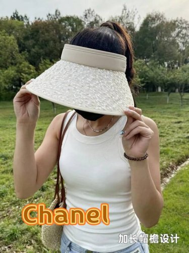 Chanel香奈儿新款夏季防晒帽遮阳防紫外线空顶帽百搭遮阳帽女黑胶大檐太阳帽子