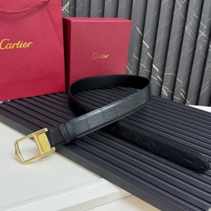 卡地亚 镀钯饰面针扣式皮带，Cartier标志。黑色与棕色牛皮双面皮带，浮雕“Cartier”标志。尺寸：宽35毫米 可调节 P250