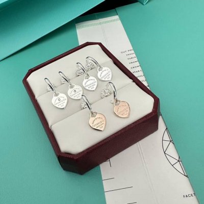 tiffany蒂芙尼新款Cnc钢印心形耳环梅花耳塞 银色 分色玫瑰金