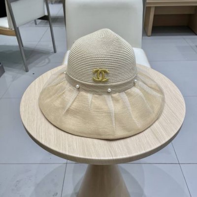 Chanel香奈儿2025年新款布草拼接草帽子女春夏Uv防紫外线渔夫帽可折叠大沿盆帽