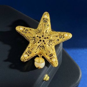 迪奥Dior高级感时尚设计欧美风金属镂空海星吊珍珠Cd小字母胸针 黄铜材料 金色 重约8.7G 尺寸约4.35Cm*4.8Cm*0.53Cm 不含针托测量