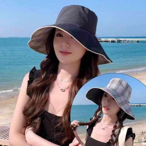 p80 Prada普拉达韩版系带遮阳帽子女户外夏季双面可戴大帽檐 太阳帽防晒遮脸渔夫帽