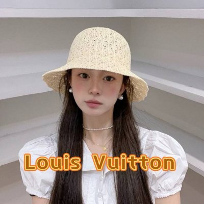 lv路易威登韩国镂空薄款透气圆顶盆帽女编织渔夫帽春夏纯色系水桶帽宽檐遮阳