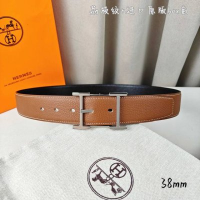 特 HermèS 爱马仕针扣 原单品质 进口头层牛皮 土黄色荔枝纹搭配进口原版Box黑色平纹 38Mm宽 双面可用 配官网H亮银 亮金 亮枪扣