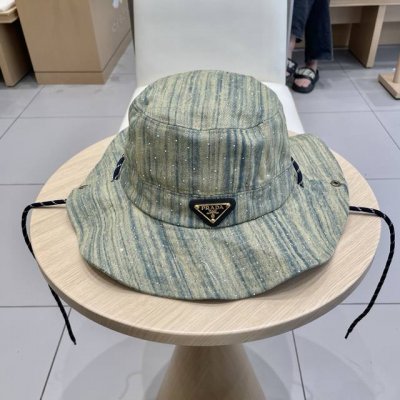 prada普拉达 复古烫钻水洗牛仔渔夫帽女波浪边时髦防晒登山帽盆帽潮夏季