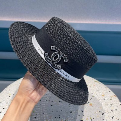 香奈儿Chanel 山茶花平顶草帽 赫本复古时尚 女神气质单品 出游必备