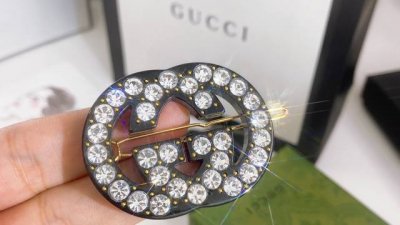 gucci双G字母满钻发夹 精致优雅可爱、双G设计更是引领了潮流，非常的修饰脸型，无论搭配什么衣服都是十分的好看，上身立显气质
