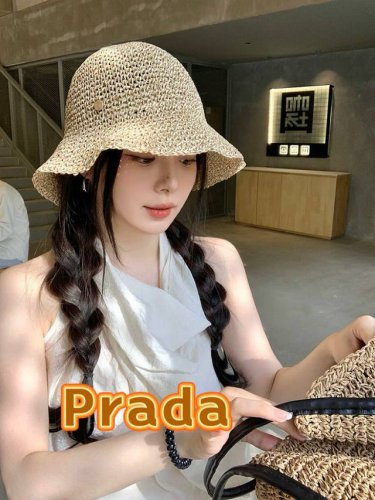 prada普拉达法式复古混色可折叠草帽女夏季海边沙滩H帽草编渔夫帽大檐遮阳帽