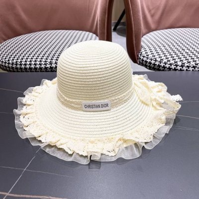 迪奥Dior草帽女蕾丝蝴蝶结遮阳帽户外出游度假太阳帽沙滩 防晒帽百搭渔夫帽