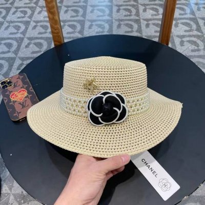 chanel香奈儿 2025新款山茶花珍珠链条编织平顶草帽，出街必备超好搭配，赶紧入手！
