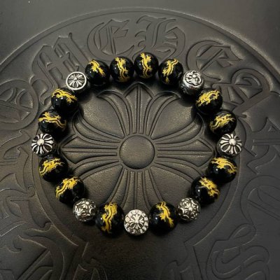 新款 专柜品质 Chrome Hearts克罗心 经典复古多元素龙纹黑昭曜石手链手串，凹凸造型不同的花纹设计风格 呈现出与众不同 十字架 童军花是克罗心的志 所