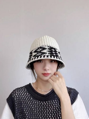 香奈儿Chanel日系拼色复古菱形格遮阳针织帽女春夏韩版百搭显 脸小素颜水桶帽潮