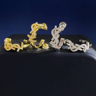 ysl圣罗兰杨树林轻奢百搭英文字母镶钻C形耳环耳钉 黄铜材料 2个色:金色 银色 重约6G 高约2Cm