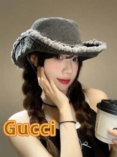 Gucci古奇复古水洗毛边牛仔渔夫帽女2025春季新款大檐显脸小做旧百搭水桶帽