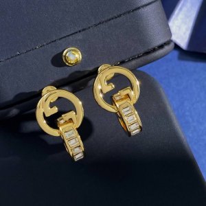 gq92 古驰Gucci欧美时尚经典光面圆形双G字母互扣侧边镶钻耳钉 黄铜材质 重约11.7G 约2.5Cm*1.4Cm*1.4Cm
