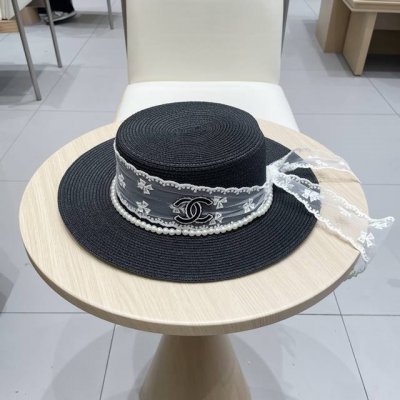 Chanel2025珍珠气质蝴蝶结飘带太阳帽草帽子女出游百搭显脸小遮阳防晒帽
